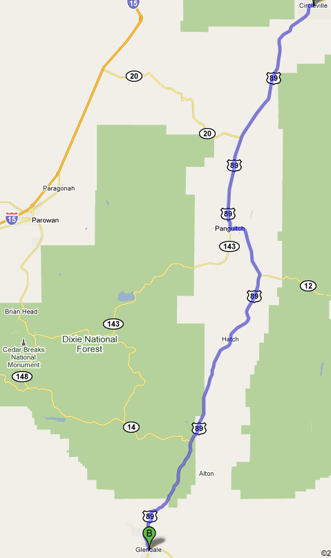 Map from Circleville to Glendale, UT
