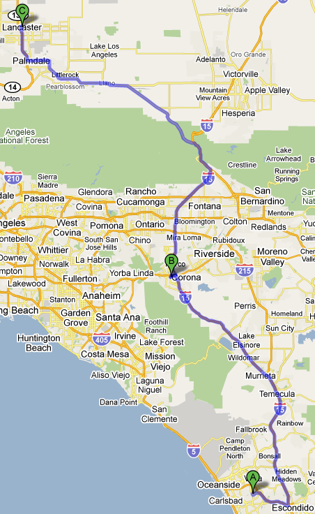 Map from Vista to Lancaster, CA