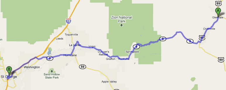 Map from Glendale to St. George, UT