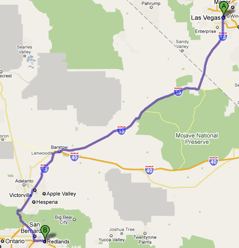 Map from Las Vegas, NV to Redlands, CA