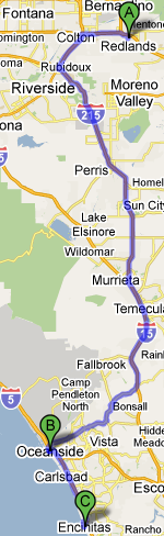 Map from Redlands to Encinitas, CA
