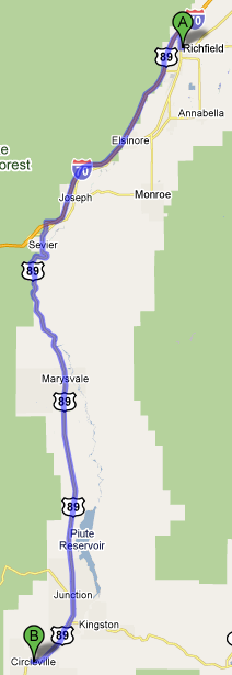 Map from Richfield to Circleville, UT