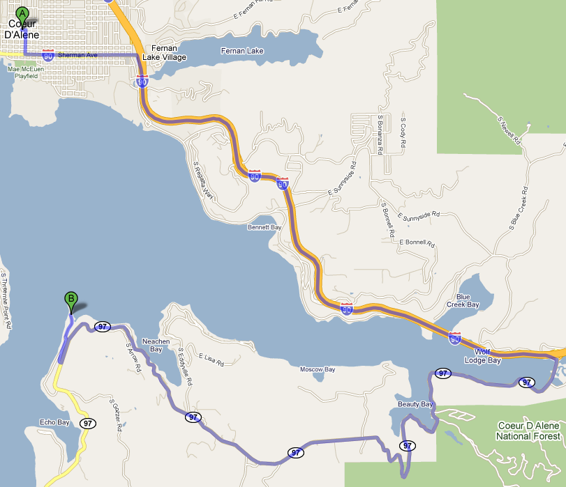 Map from Coeur d'Alene to Aerro Point, ID