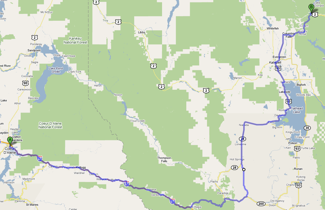 Map from Coeur d'Alene to West Glacier