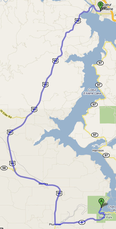 Map from Hayburn to Coeur d'Alene