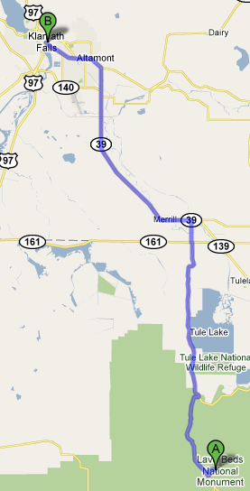 Map from Lava Beds to Klamath Falls