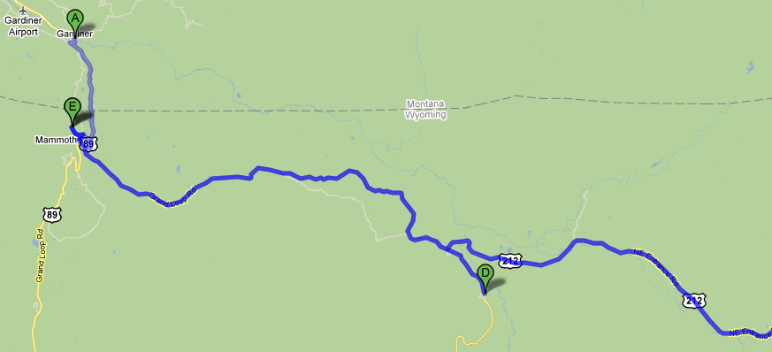 Map from Gardiner to 212 to Mammoth