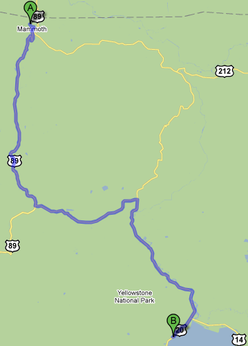 Map of Mammoth to Bridge Bay, WY