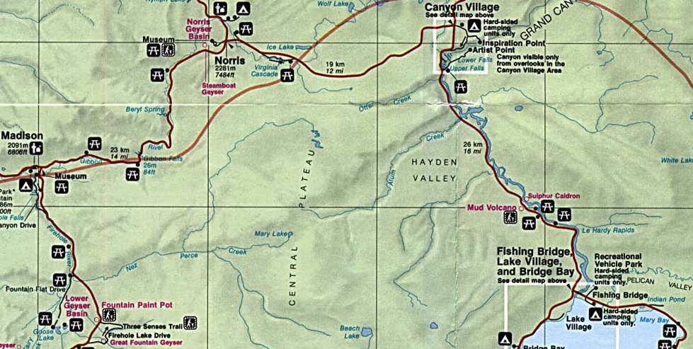 Map of Yellowstone lower half of north loop and upper half of south loop