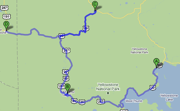 Map from Lake Village to Old Faithful to Norris to Madison to West Yellowstone