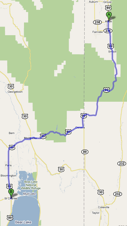 Map from Afton, WY to St. Charles, ID