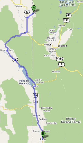 Map from Alta, MT to Afton, ID
