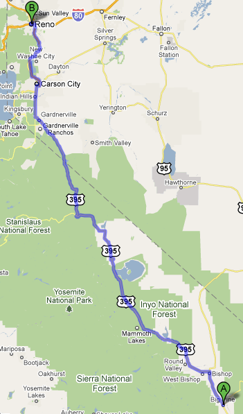 Map from Big Pine to Reno