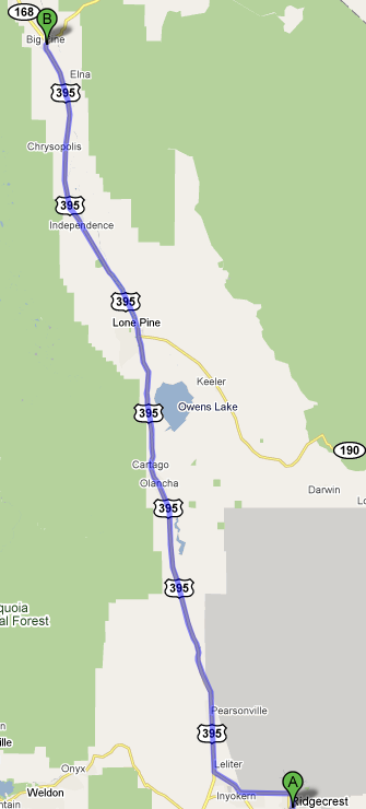 Map from Ridgecrest to Big Pine